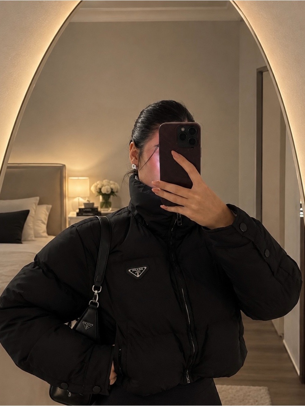 Prada Black Cropped Puffer Jacket with Logo Patch